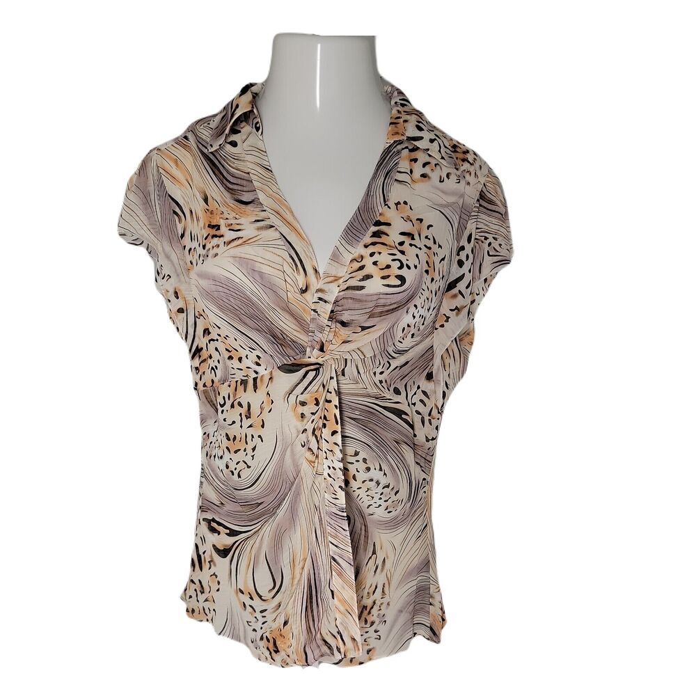 Essentials Women's Shirt Blouse ~ Sz XL ~ Beige ~ Short Sleeve ~ Animal Print